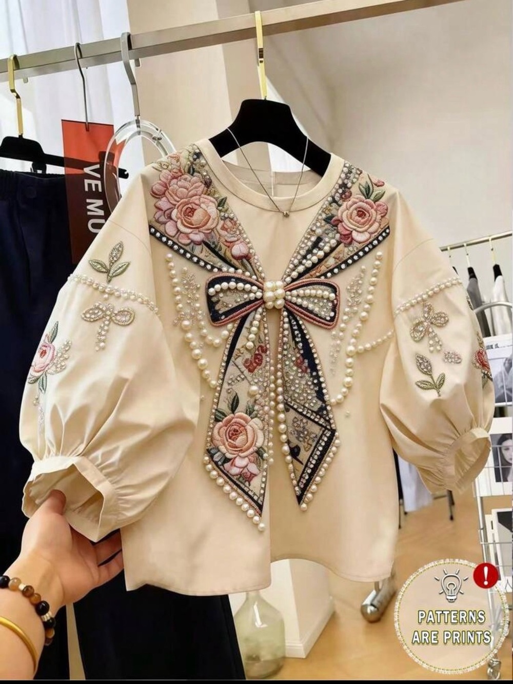 Cream Floral printed Bow Puff-Sleeve Top